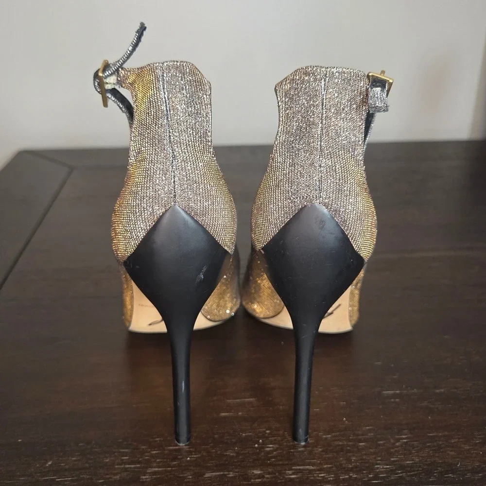 B Brian Atwood Metallic Glitter Peep Toe Ankle Strap Stiletto Heels 10 Italy
